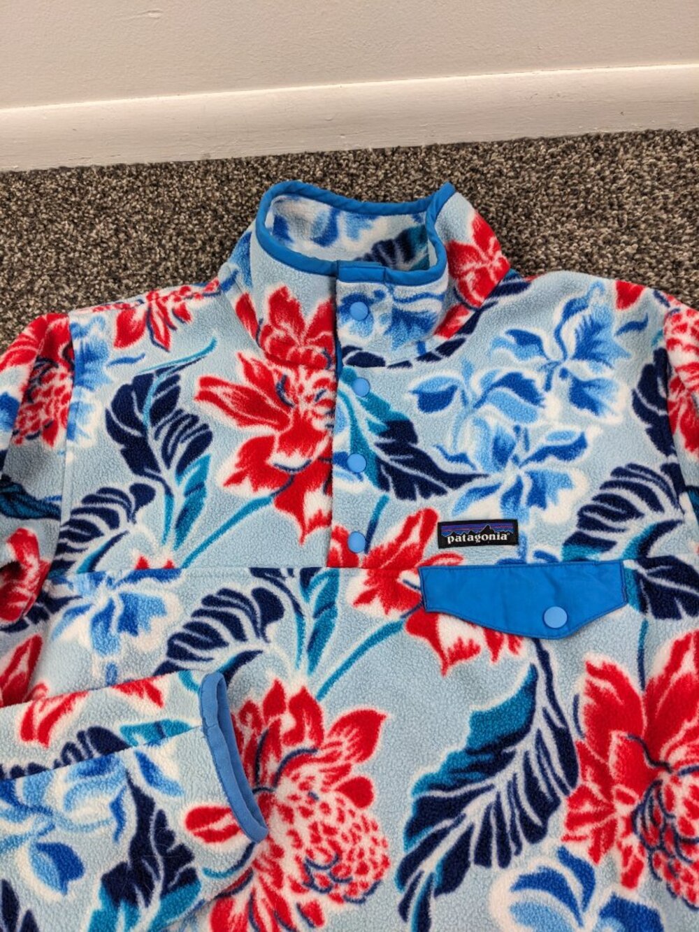 Patagonia Jacket Synchilla Snap T Fleece Pullover Floral Blue Red Womens Small